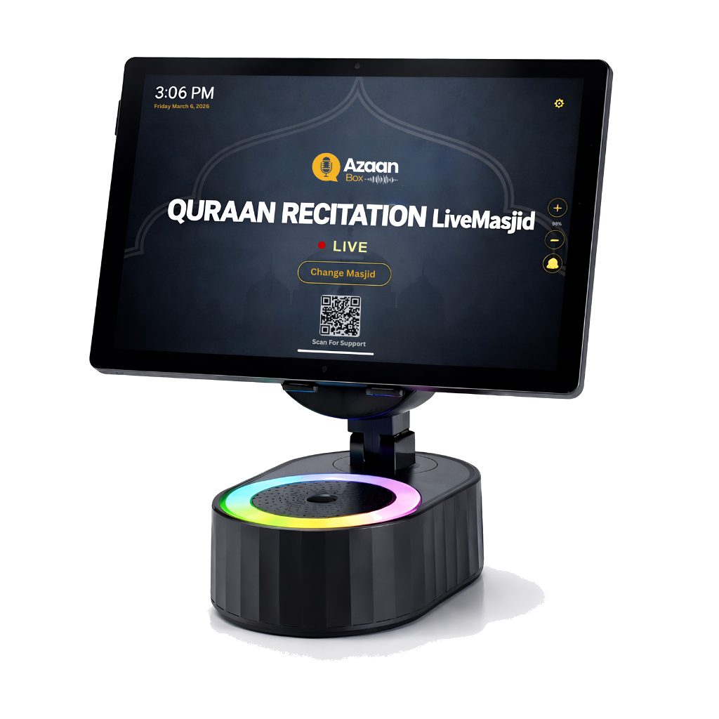 Azaan Box with tablet — live Masjid streaming display